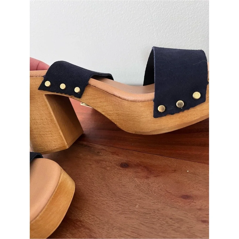 Avellino Italy Navy Blue Suede Wood Platform Block Heel‎ Sandals 39 8 3708